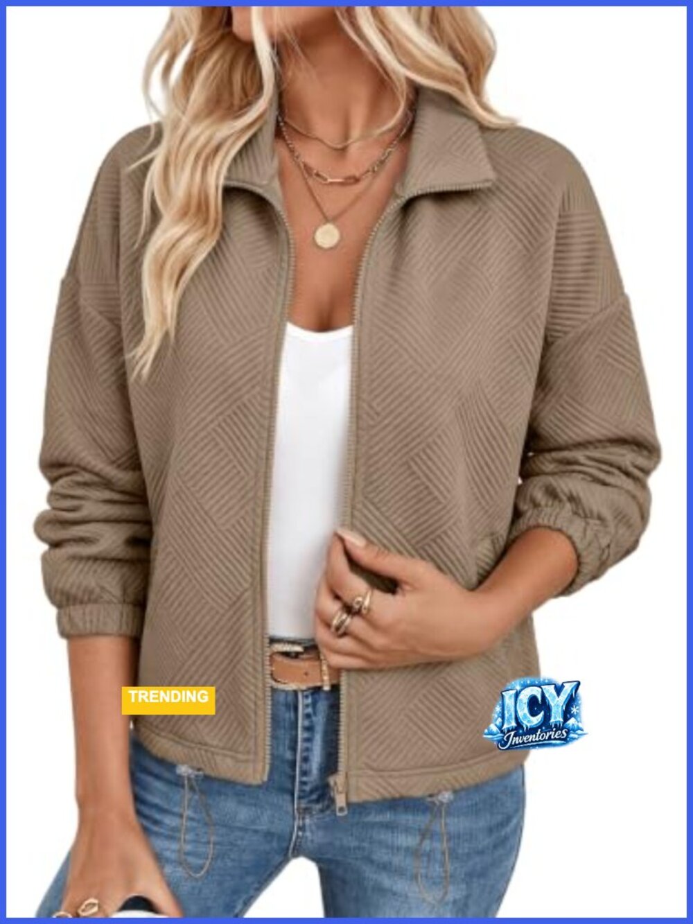 SHEWIN Women's Collar Zip Up Cropped Textured Jacket With Pockets